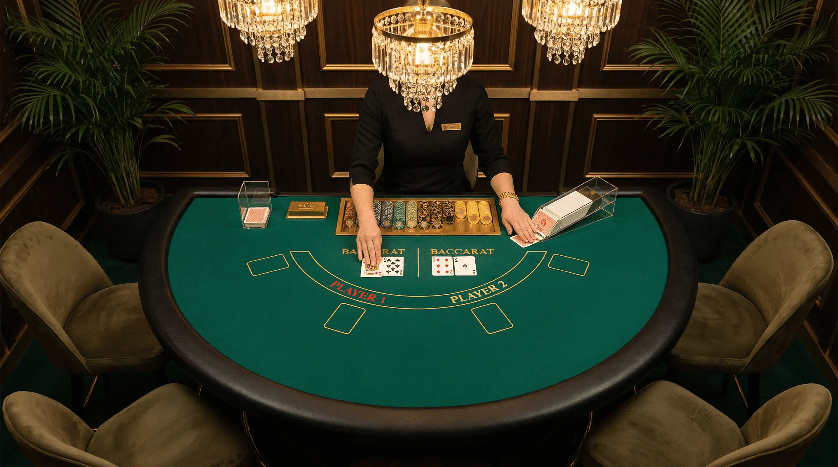 Mesa de bacará VIP com cartas sendo distribuídas
